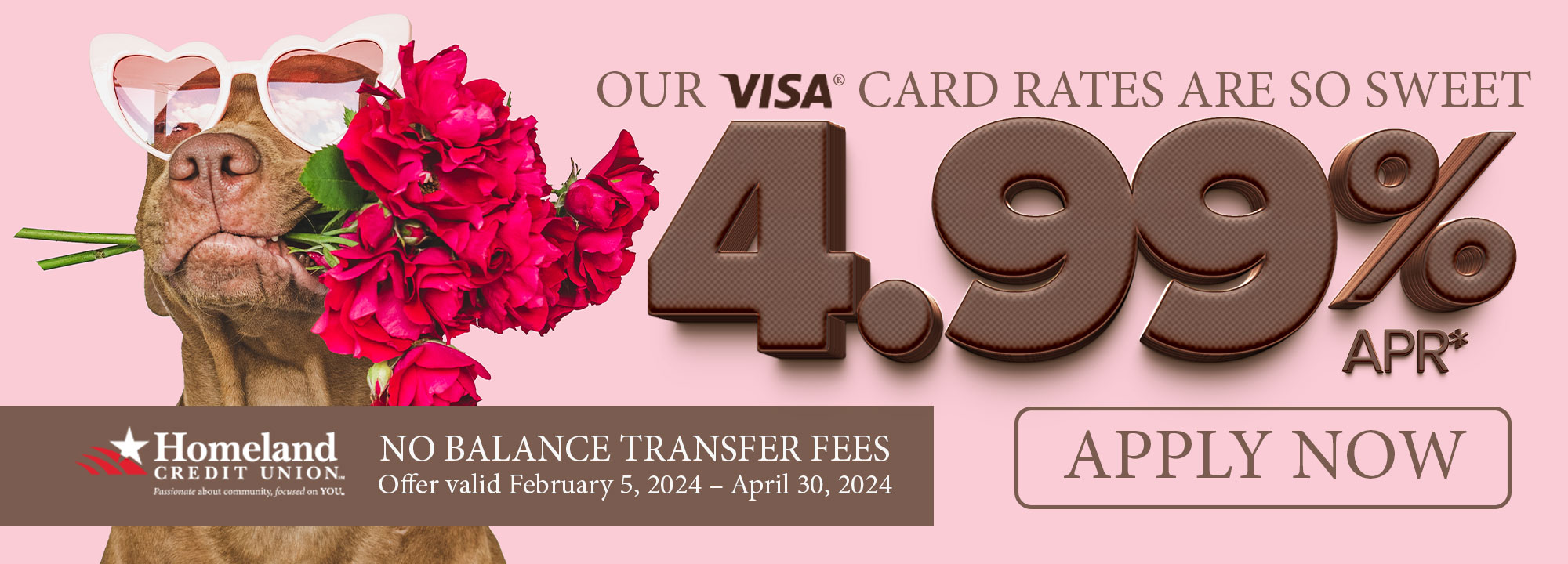 Our VisaÂ® Card Rates are so sweet. 4.99% APR* no balance transfer fees. Offer valid February 5, 2024 - April 30th, 2024. *Apply Now